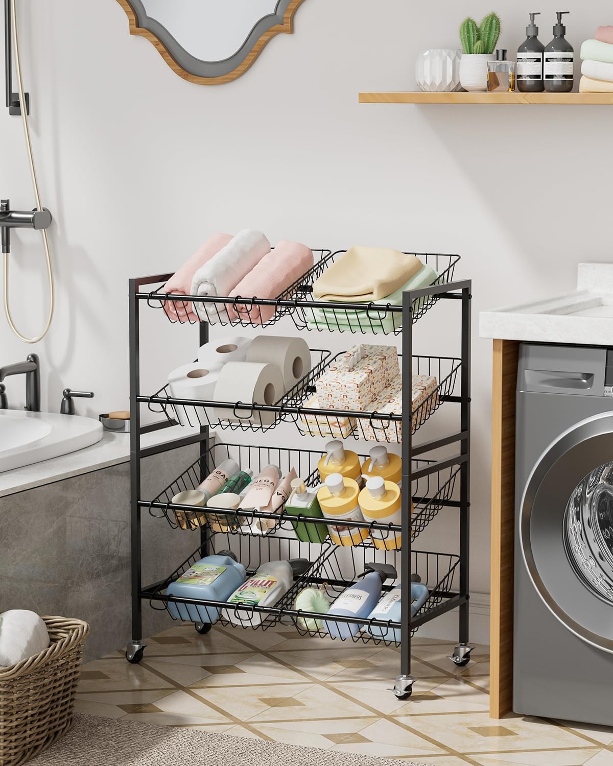 Evermagin 25.2''W Snack Cart, 4 Tier Kitchen Cart, Fruit Basket Stand, Vegetable Food Storage with 8 Stackable Wire Baskets for Onion Potato, Black