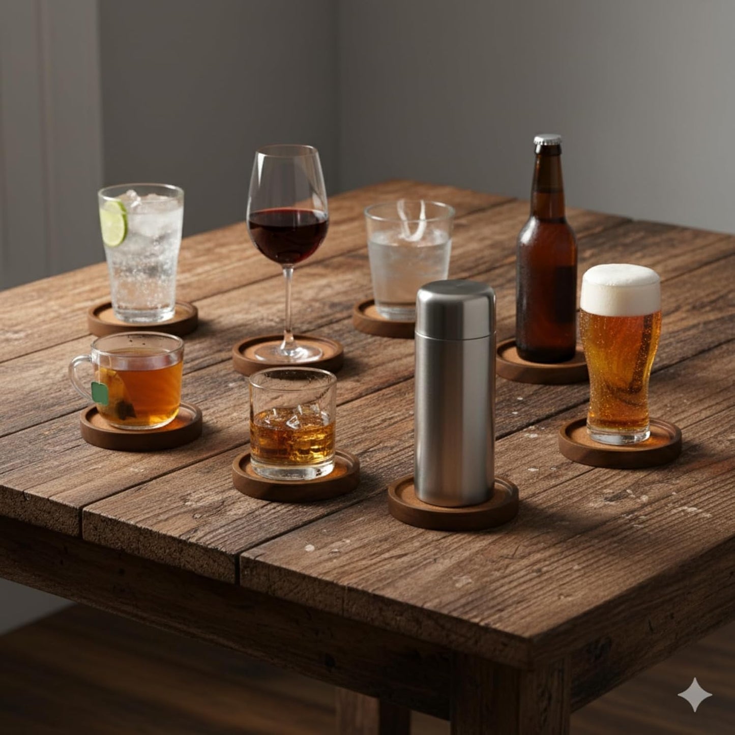 Wood Coasters for Drinks with Wooden Holder, Wooden Coaster with Cork for Tabletop Protection, Drink Coasters for Coffee Table, 4.13 Inch, Set of 6 (Modern Coasters with Metal Holder)