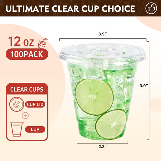YEEHAW 12 oz. - 100 Pack Clear Plastic Cups With Lids, Disposable Iced Coffee Cups with Flat Lids, Crystal Smoothie Cup for Party, Lemonade Stand, Cold Drinks, Juice, Milkshake