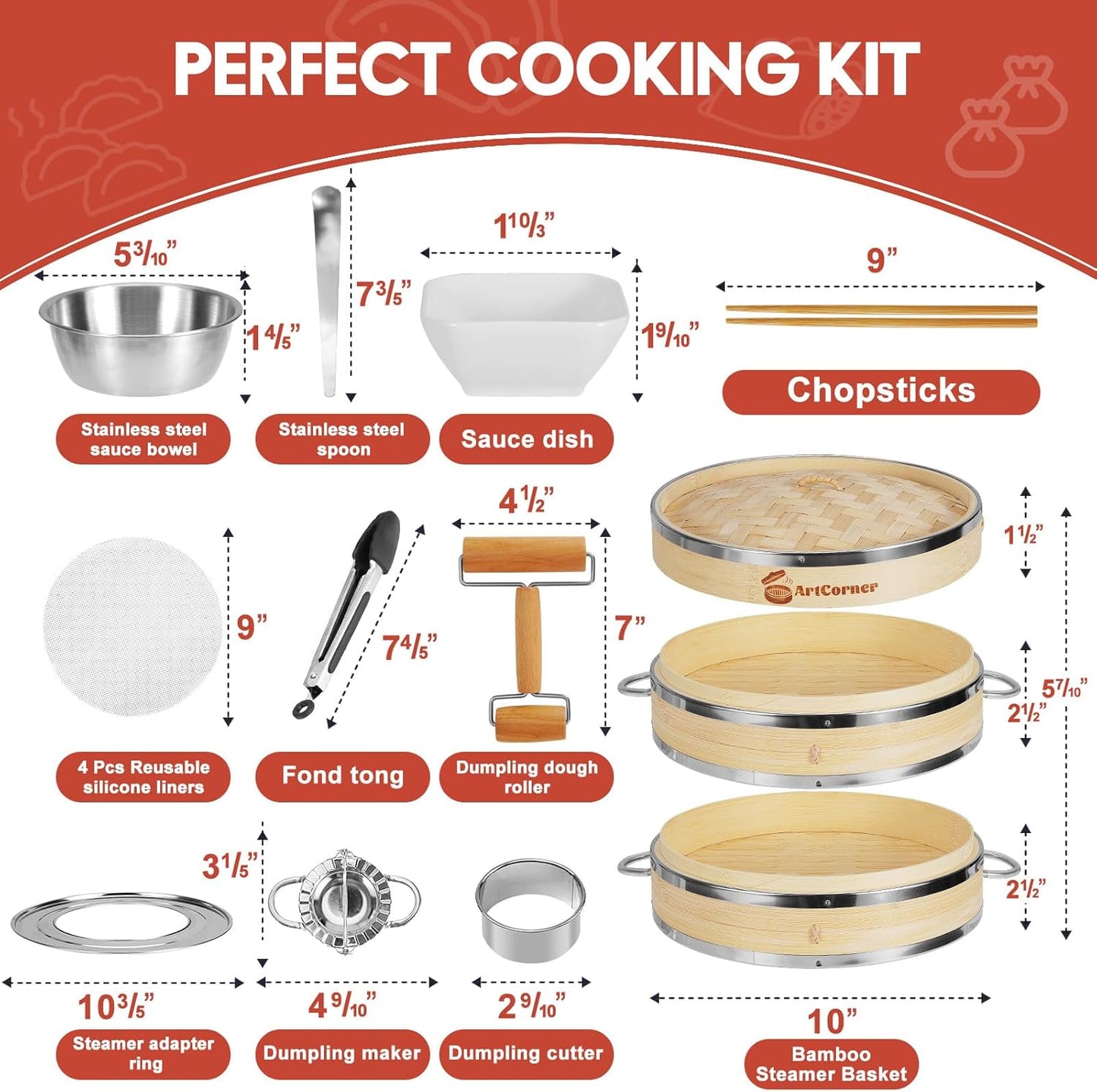2-Tier Bamboo Steamer Basket Set 10 Inch with Reinforcement & Handle,Bamboo Steamer for Cooking,Dumpling Bun Dim Sum, Rice Potsticker Steaming Chinese Asian Food & Vegetables