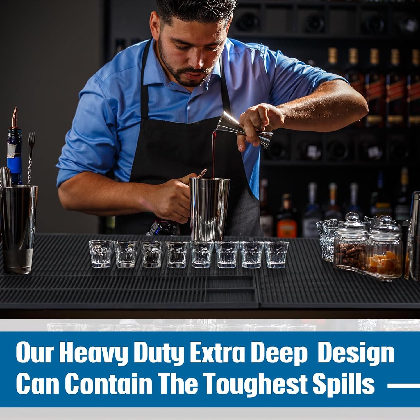 4 Pcs Thick Rubber Bar Mats for Bartending, Durable Non-Slip Spill Mat for Countertop, Home Kitchen, Coffee Bars, and Restaurants Accessories, Black(18" X 12"+24" X 3")