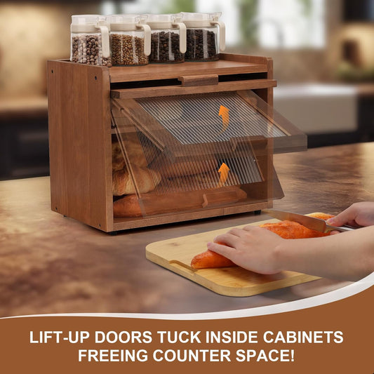 Bread Box for Kitchen Countertop Container Bin 2 Layer Wooden Bread Storage Adjustable Shelf Holder Large Capacity Modern Farmhouse Food Organizer Acrylic Window (Brown)