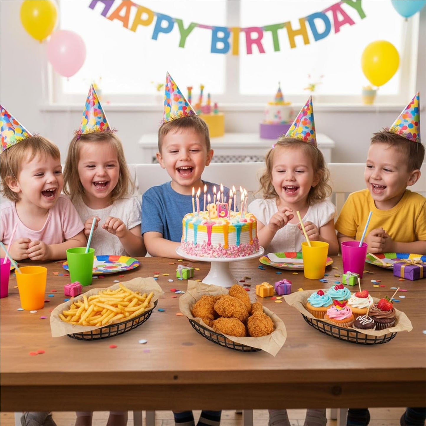 12 Pcs Wire Bread Baskets, 9.4 x 6.3 x 1.9 Inch, Oval Food Baskets for Serving Fruit, Fast Food, and Storage, Includes 50 Sheets Deli Wrappers Paper, Reusable & Rust-Resistant Metal Basket (Black)