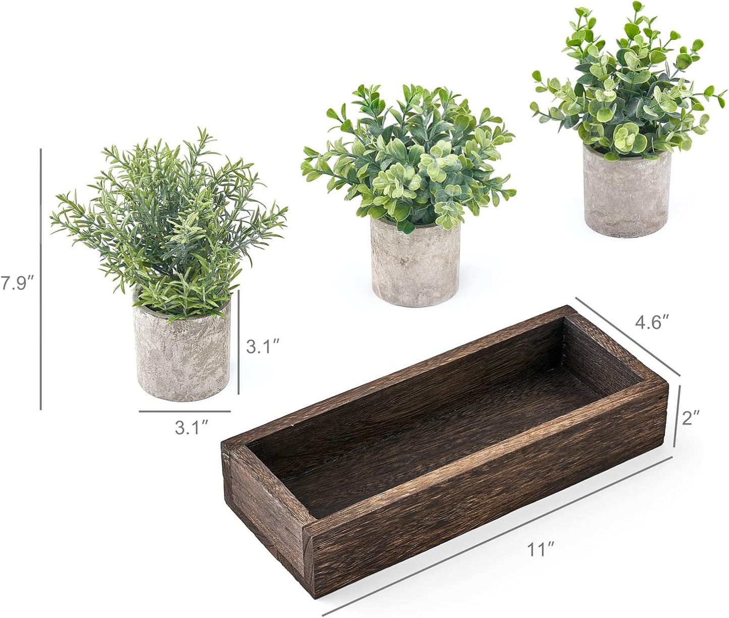 Dahey 3 Pack Mini Potted Artificial Eucalyptus Fake Plants with Wood Tray Centerpiece Table Decorations, Farmhouse Pulp Flower Pots Greenery Home Decor for Coffee Table Dining Room Office Kitchen