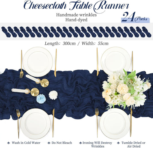 24 Packs Cheesecloth Table Runner Navy Blue,10 Ft Rustic Gauze Boho Wedding Table Runner Decoration, Wedding Table Decor Table Cloth for Wedding Party Bridal Shower Table,21.5x120in