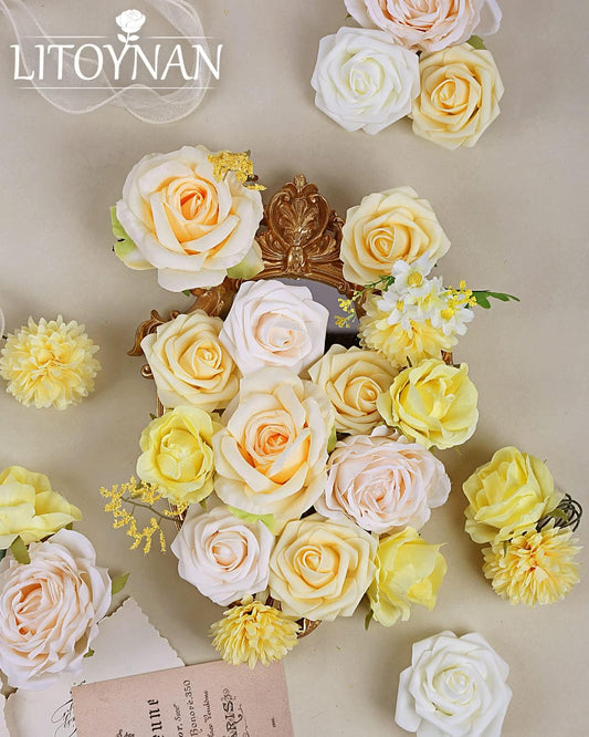 Artificial Flower Combo Flowers Exquisite Yellow Flower Box Set for DIY Bouquets Centerpieces Floral Arrangements, Multi Use Wedding Party Home Decorations Faux Flowers(Yellow & Peach )