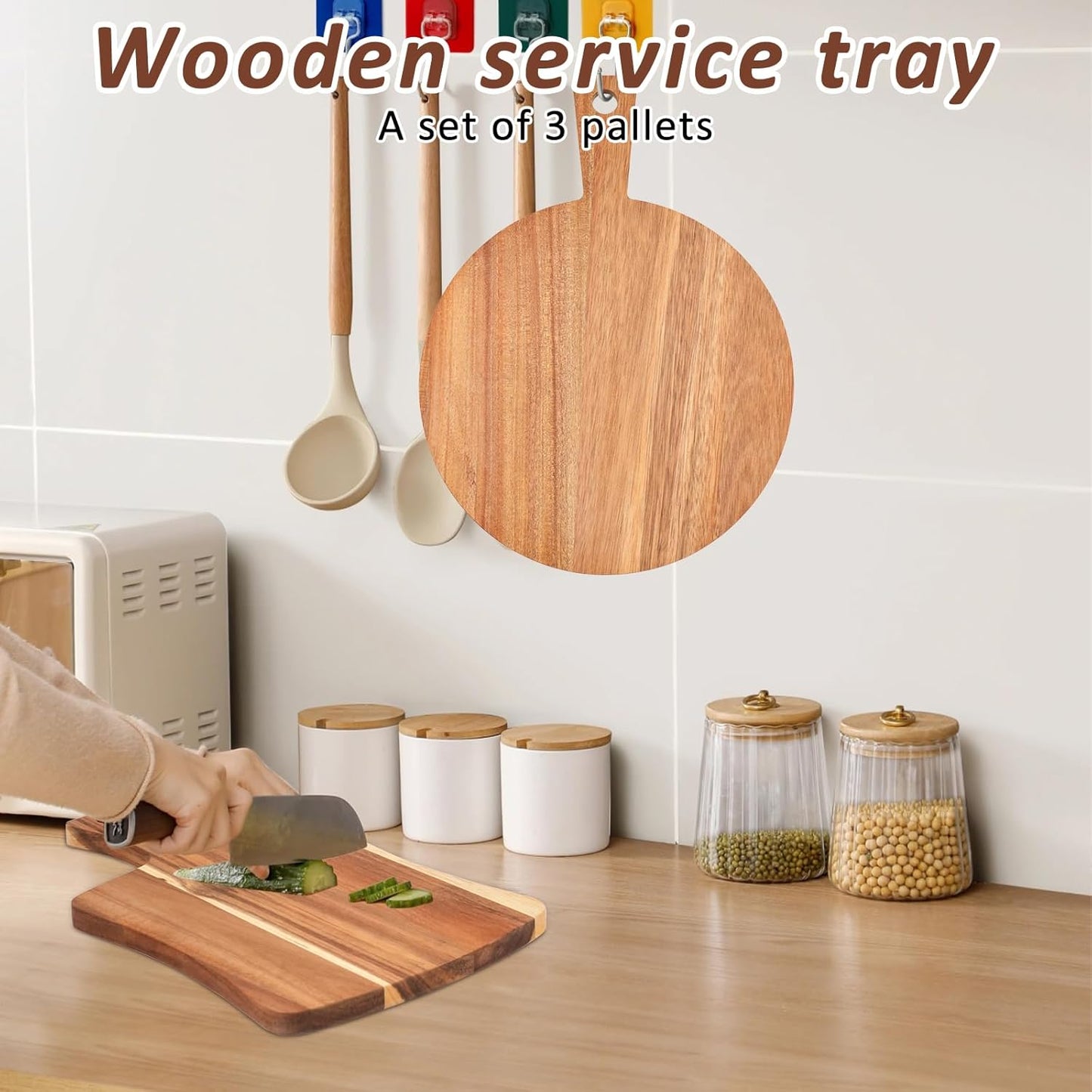 3 PCS Acacia Wood Cutting Board with Handle Wooden Large Paddle Carving Chopping Charcuterie Board Set Butter Serving Tray for Cheese Meat Fruit Pizza Bread Baking