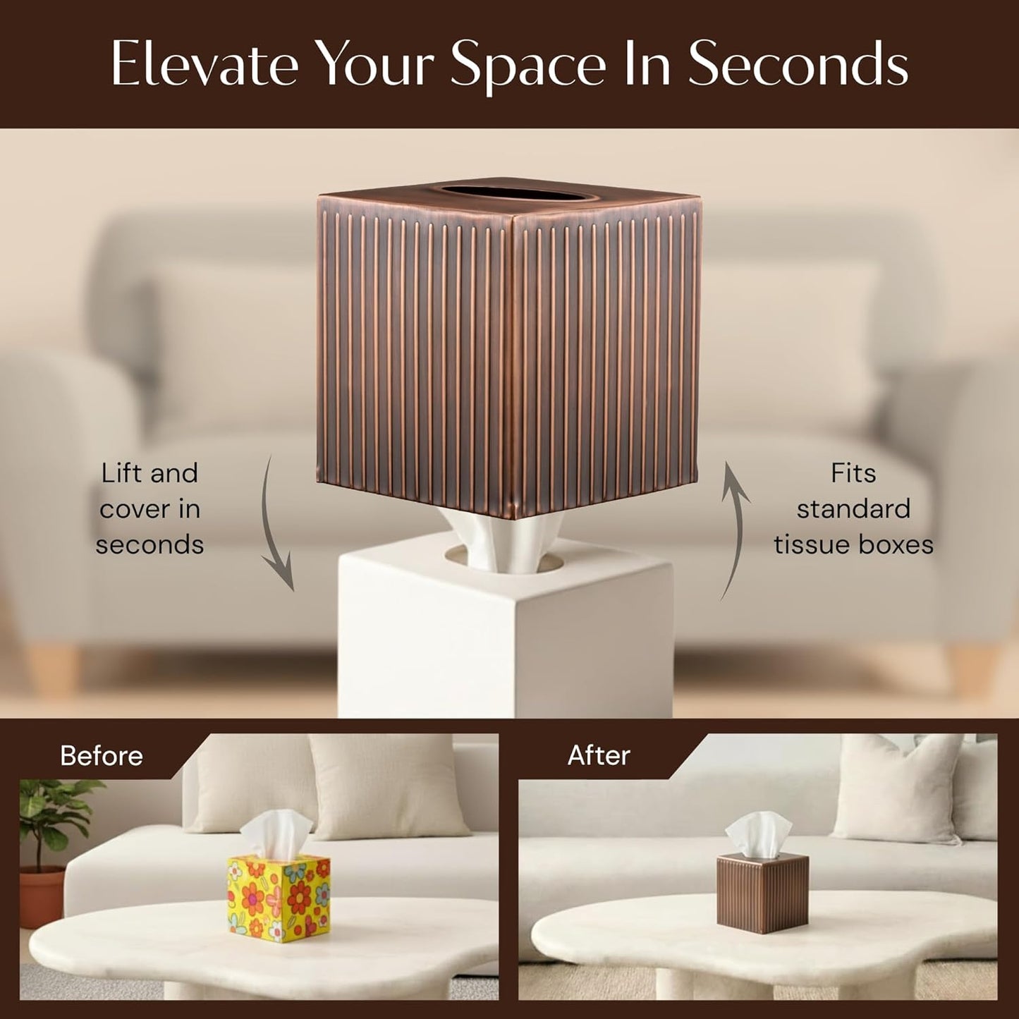 Monarch Abode Tissue Box Cover Square – Handcrafted Ridge Embossed Antique Copper Metal Tissue Holder Box for Bathroom Accessory, Aesthetic Decorative Facial Napkin Cube for Modern Home Decor