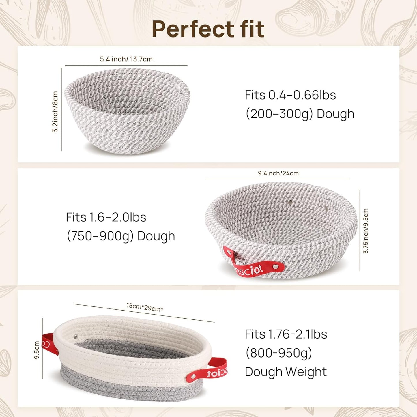 Sourdough Starter Kit 5 Banneton Round & Oval, Consciot Cotton Rope Bread Proofing Basket Set, Sourdough Bread Baking Supplies, Bread Baskets With Liners & Covers, Gift for Bakers Women Kids Family