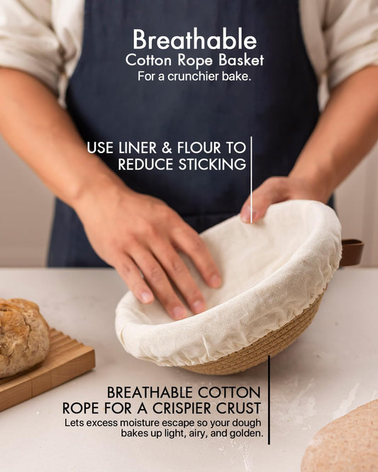 Crispier Crust Cotton Rope Banneton Bread Proofing Basket Set, Oval & Round Bread Baskets with Liners & Covers for Artisan Bread Baking, Sourdough Bread Baking Supplies(Brown)