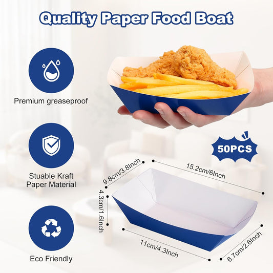 50 Pcs 2lb Paper Food Boat Trays Disposable,Snack Tray,Food Trays for Snack French Hot Dog Taco Popcorn Picnic party Wedding,Concession Stand Supplies (Blue)