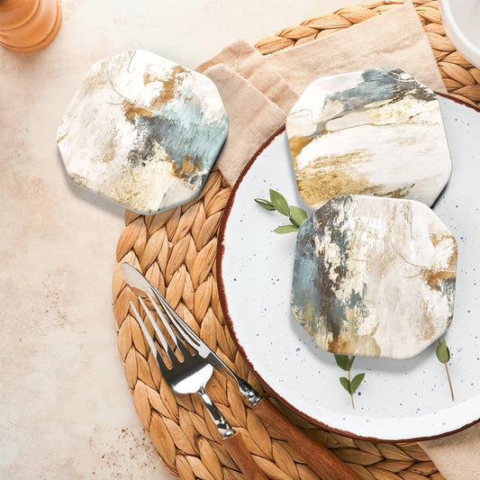 UMIRRO Ceramic Stone Coasters for Drinks Absorbent with Holder for Wooden Coffee Table Decor, Stoneware Cup Coasters for Iced Cold or Hot Drinks, Rustic Retro Boho Style, Gold, 4" Set of 6