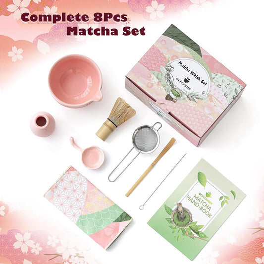 Matcha Tea Set, 8 Pcs Japanese Matcha Kit with Cherry Blossom and Wave Design Ceramic Bowl, Bamboo Whisk, Whisk Holder, Scoop, Sifter, Brush, Matcha Kit Set for Matcha Lovers (Pink)