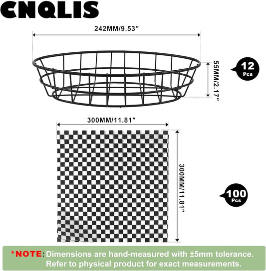 CNQLIS 12 Pcs Wire Bread Baskets with 100 Deli Wrapper Paper, 9.5x6.2x2.2 Inch Oval Metal Dinner Roll Baskets for Restaurants, BBQ, Picnics, Parties (Black)