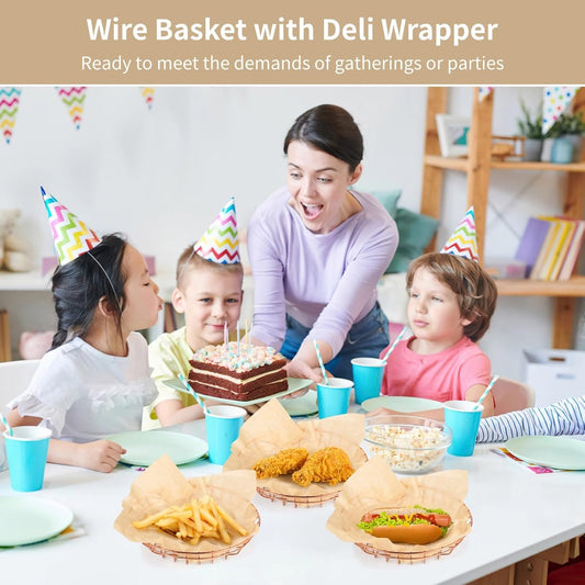 24 PCS Food Serving Wire Baskets, 9.8 x 9.8 x 1.8 Inch Wire Bread Baskets with 100 Sheets Deli Wrapper, Metal Snack Basket with Oil-Absorbing Paper for Restaurant Party