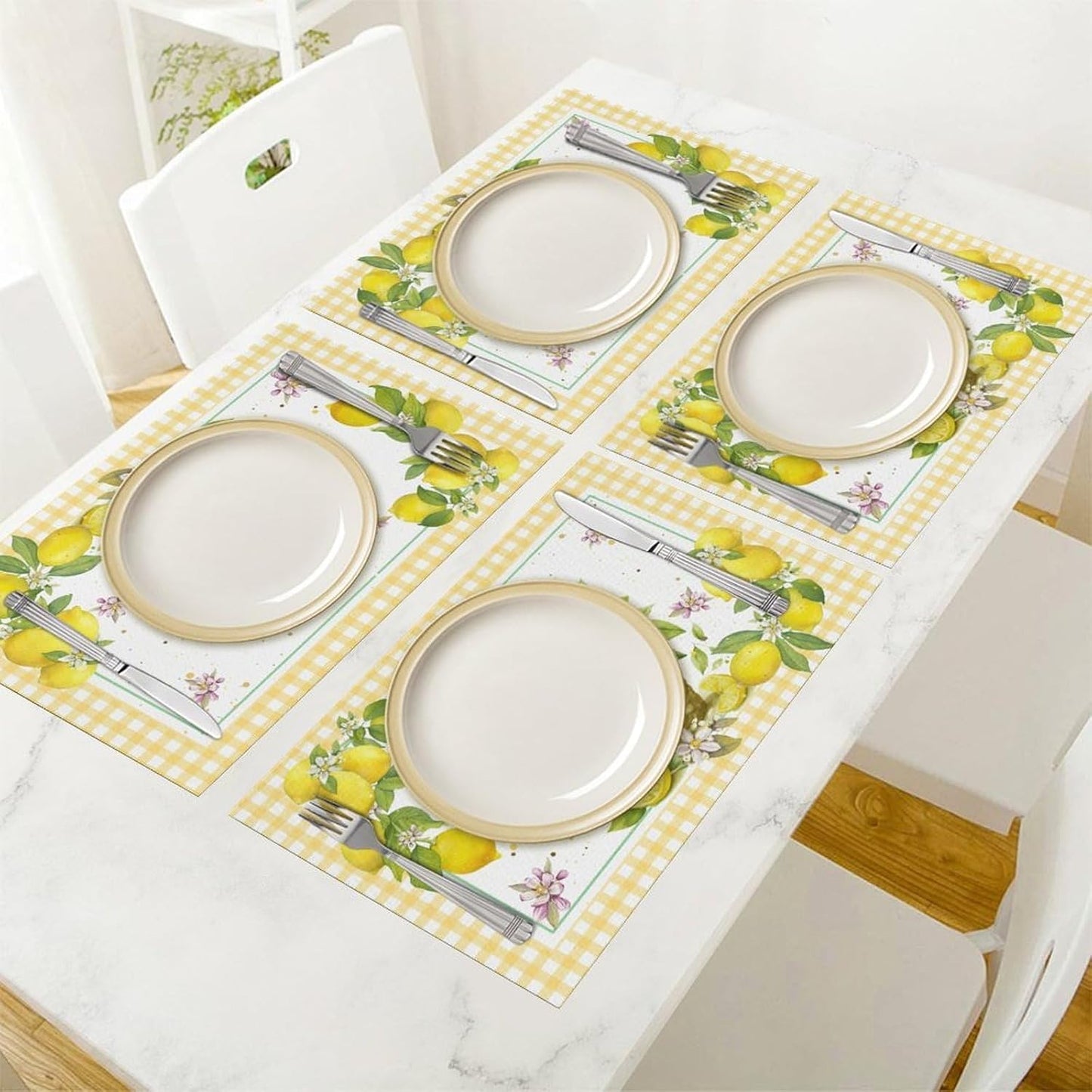 Yellow Lemon Placemats Set of 4, 12x18 Inch Summer Fruits Buffalo Plaid Baskets Floral Farmhouse Seasonal Spring Holiday Coffee Table Mats for Party Kitchen Dining Decoration
