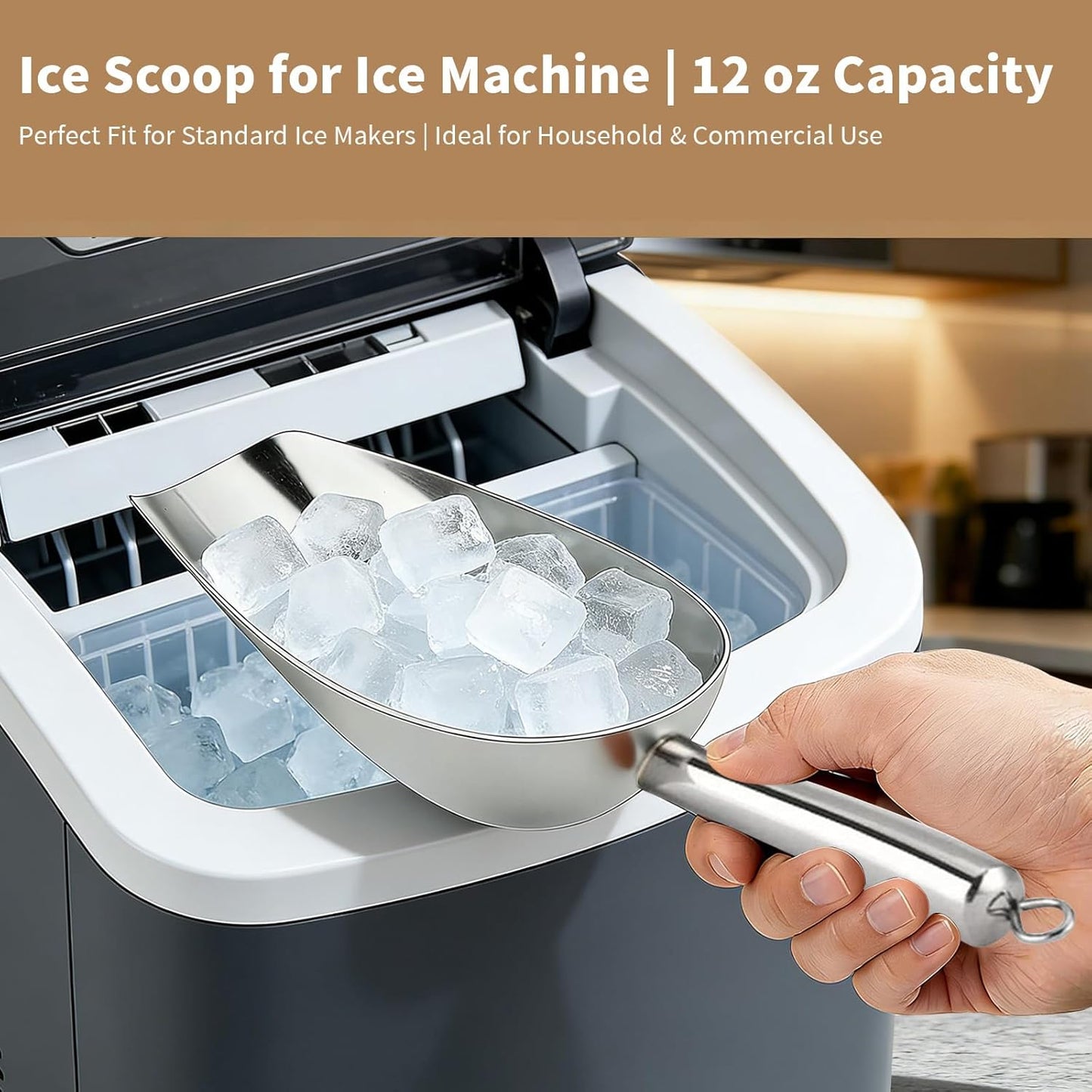 Ice Scoop for Ice Maker, 12 Oz Heavy Duty Ice Shovel, 304 Stainless Steel Commercial Multi-Purpose Spoon for Bar, Kitchen, Party & Pet Food, Easy to Clean, Silver