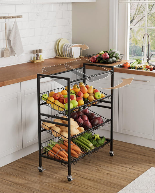 Evermagin 25.2''W Snack Cart, 4 Tier Kitchen Cart, Fruit Basket Stand, Vegetable Food Storage with 8 Stackable Wire Baskets for Onion Potato, Black