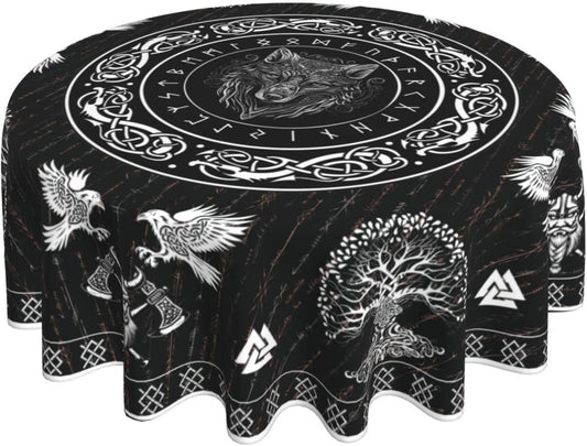 Norse Viking Tablecloth, Nordic Mythology Tree of Life Crow Ancient Mythical Viking Wolf Print Water Resisitant Table Cover for Dining Kitchen Living Room Home Party Holiday Decor 70 inch Round
