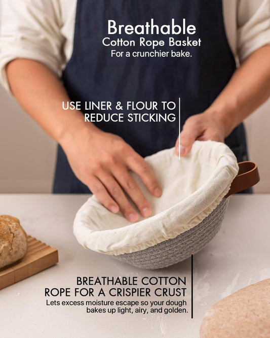 Crispier Crust Cotton Rope Banneton Bread Proofing Basket Set, Oval & Round Bread Baskets with Liners & Covers for Artisan Bread Baking, Sourdough Bread Baking Supplies(Gray)