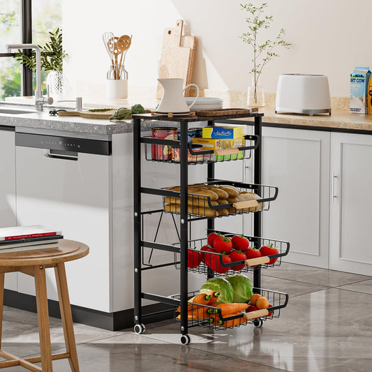 JAQ Fruit Basket for Kitchen, 5-Tier Slide Out Storage Baskets Carts Organizers Drawers with Wood Top Table with Rolling Wheels for Snacks Vegetables Vianderos para Cocina Modernos (Black, 5 Layer)