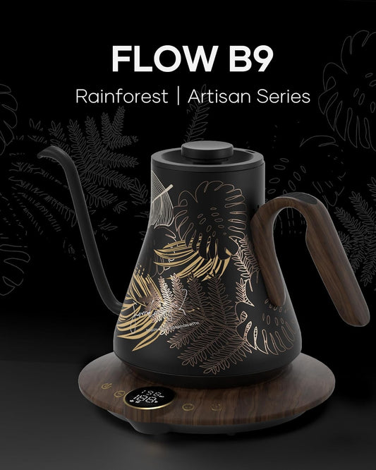 Cocinare FLOW B9 Gooseneck Electric Kettle, Precise Temperature Control for Pour-Over Coffee & Tea Brewing, Stainless Steel Interior, Rapid Heating for Boiling Water 0.9L (Rainforest)