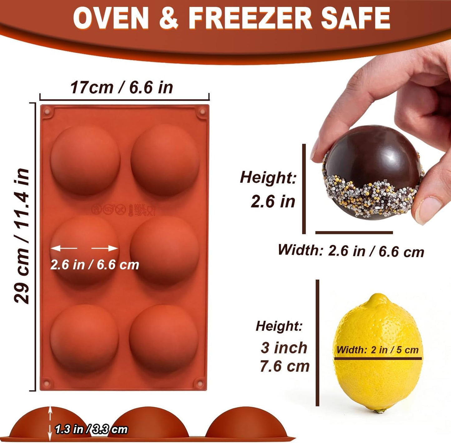 3 Pack Large 6-Cavity Semi Sphere Silicone Molds, Non-Stick Baking Mold for Making Standard Size Hot Chocolate Bomb, Cake, Jelly, Dome Mousse