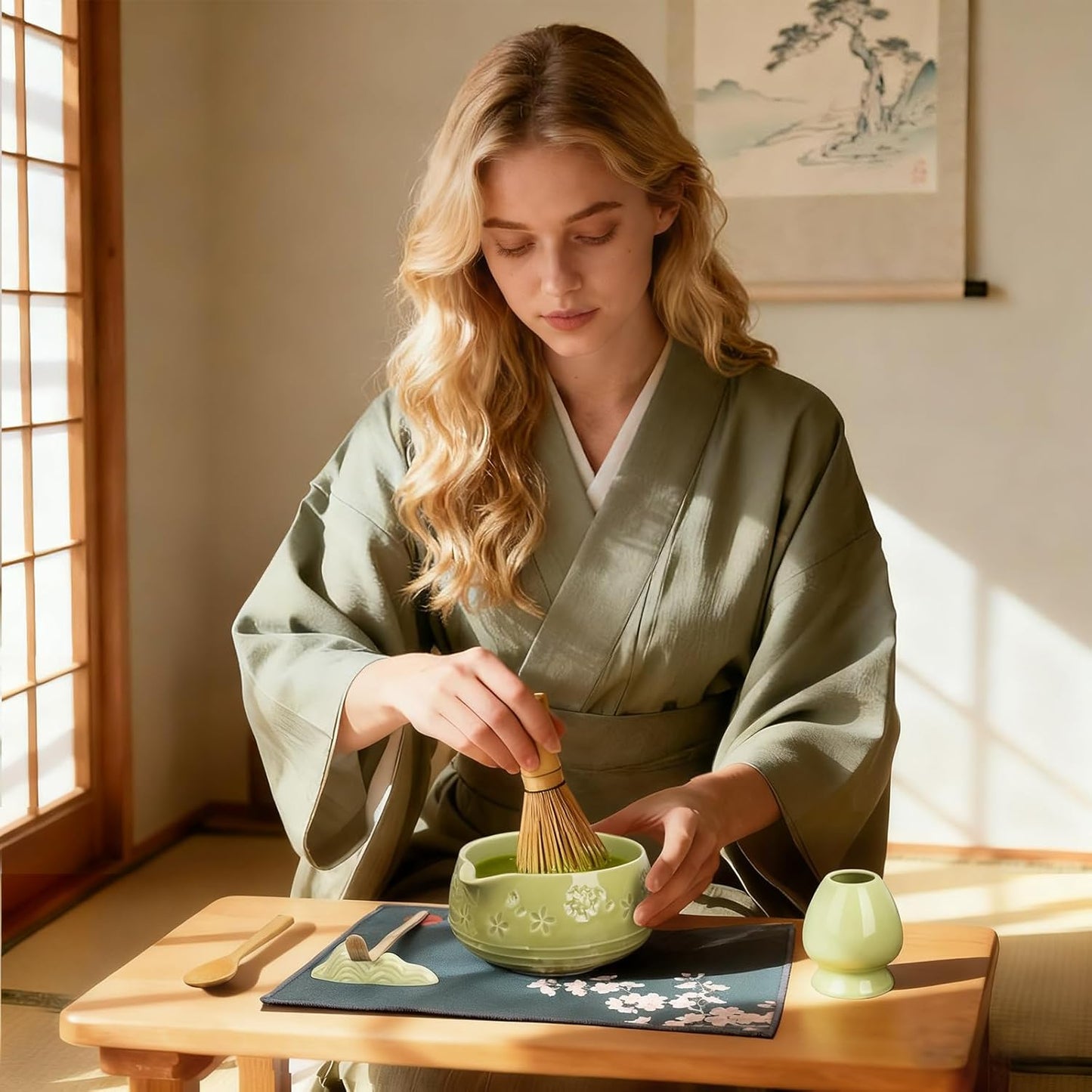 Matcha Whisk Set, Ceramic Bowl with Spout, Bamboo Matcha Whisk & Spoon, Chasen Holder, Scoop Rest, Sifter, 8-Pcs Japanese Matcha Powder Kit–Gift for Ceremony & Matcha Lovers-Matcha Green