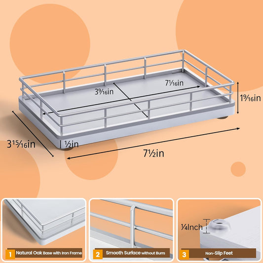 Bathroom Tray for Counter, Oak Wooden 7.5" L Vanity Tray for Jewelry Soap Cologne Organizer for Men Decorative Decor Silver