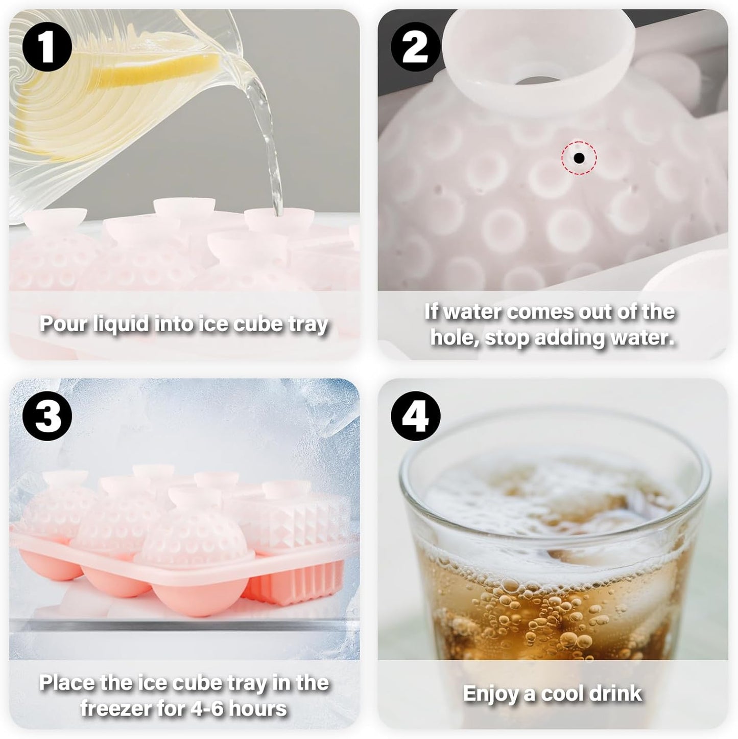 Acomler Large Silicone Ice Cube Tray, 3 Big Crystal Cubes & 3 Sphere Golf Ice Tray, BPA Free Ball Ice Molds, Ice Cube Mold with Funnel for Whiskey, Cocktails, 6 Holes Fun Shape Ice Maker Mold (Pink)