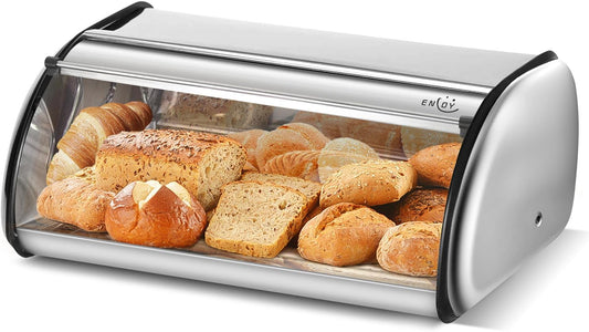 ENLOY Bread Box for Kitchen Counter, Stainless Steel Roll Top Bread Bin, Sliver Bread Storage Holder with Lid, Large Capacity Bread Keeper, 17 x 11 x 7 Inches