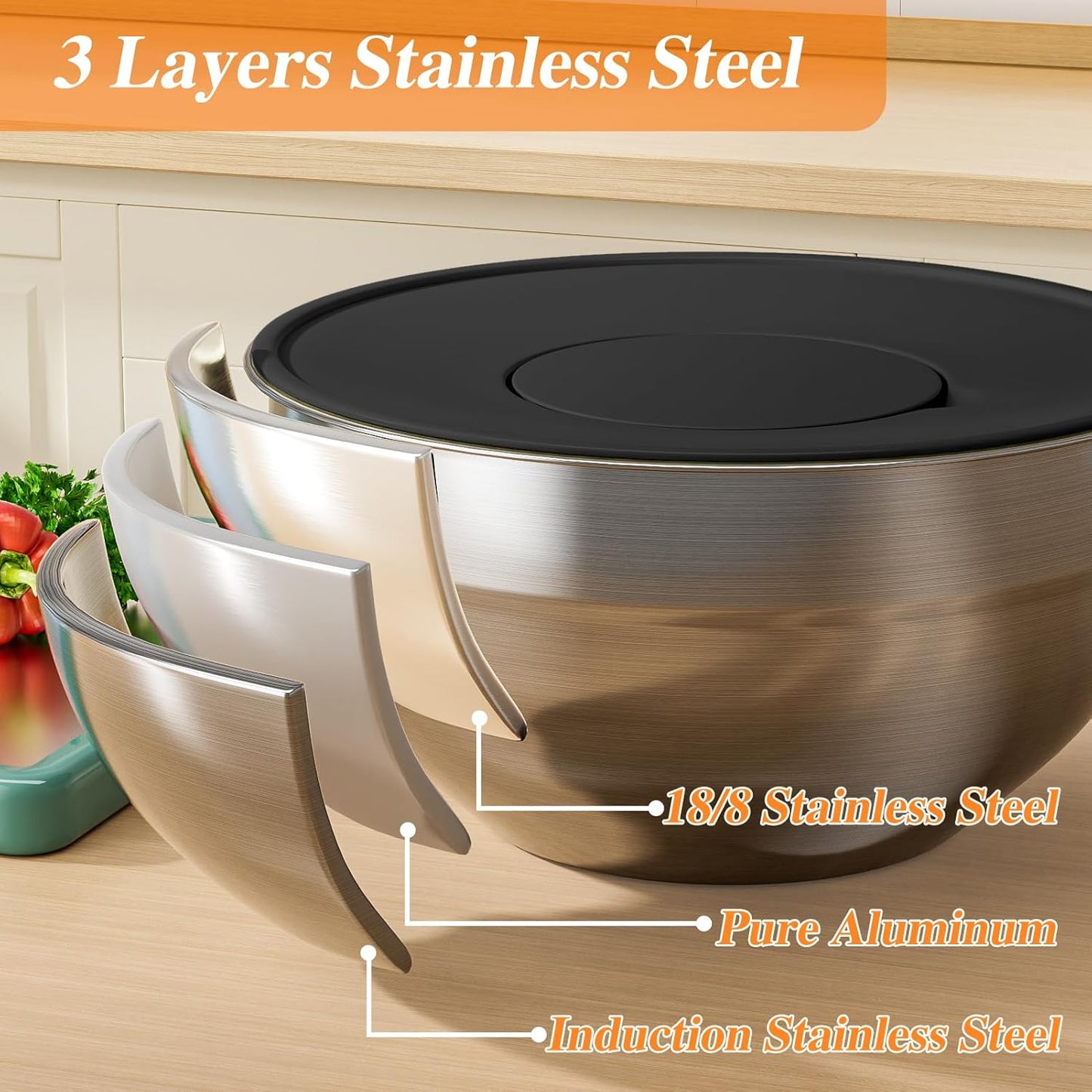 Mixing Bowls with Lids Set, 6 PCS Stainless Steel Mixing Bowls with 3 Grater Attachments, Kitchen Food Storage Organizers Nesting Mixing Bowl, Large Size 4.5, 3.5, 2.1, 1.5, 1.1, 0.7QT-Black