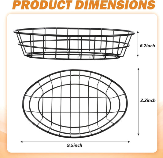 12 Pcs Wire Bread Basket 9.5 x 6.2 x 2.2 Inch Oval Metal Dinner Roll Baskets for Serving Fruit Bowl Storage with 50 Sheets Deli Wrappers Paper for Kitchen Table Fast Food(Black,9.5 x 6.2 x 2.2)