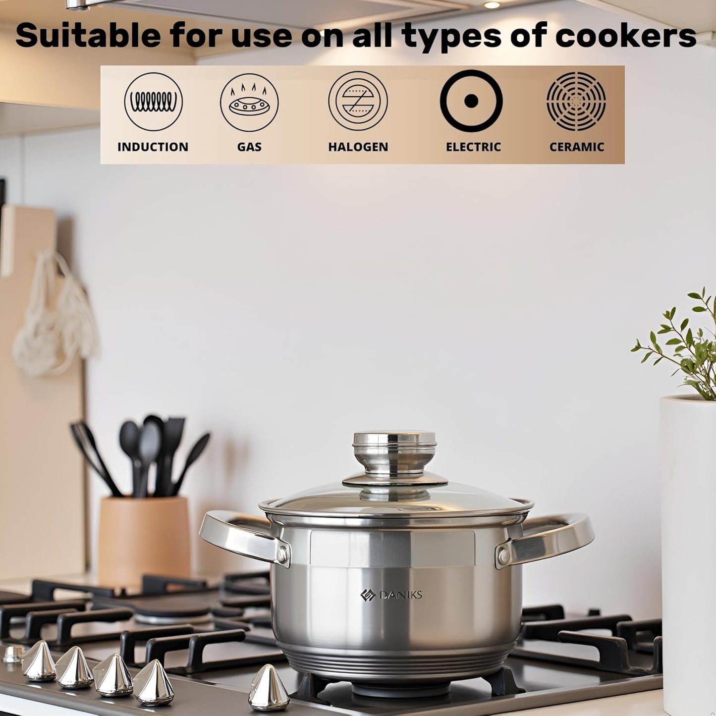 Daniks Standard Stainless Steel Stock Pot with Glass Lid – Induction 2 Quart, Dishwasher Safe, Measuring Scale, For Soup, Pasta, Stew, Silver