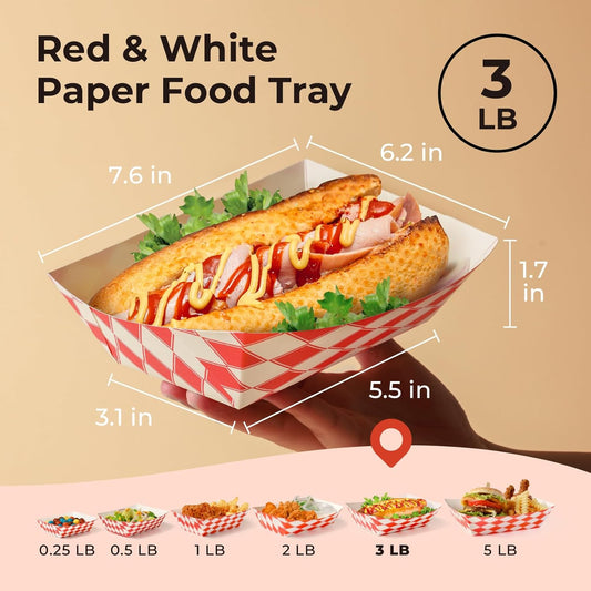 Fit Meal Prep 250 Pack 3 lb Paper Food Trays Heavy Duty Disposable Hot Dog Trays, Paper Food Boat Red Check Nacho Tray for Parties, Fairs, Picnics, Carnivals – Holds Tacos, Fries, Grease Resistant