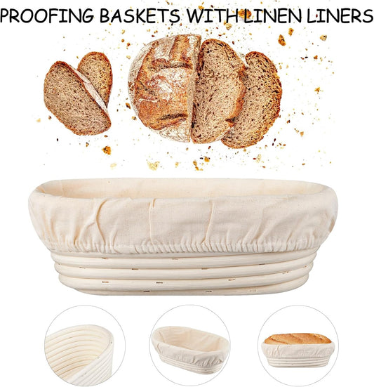 Banneton Bread Proofing Basket Banneton Basket Set Sourdough Proofing Basket Round Proofing Bowls Handmade Rattan Baskets and Liners (Oval 10 inch set of 2)