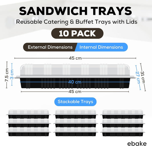 5 Pack Catering Trays with Lids – 17" Serving Tray with Lid, Heavy Duty Recyclable Plastic Party Platters for Catering, Buffet, Picnics & Events – Food Trays with Clear Lid (17.72 x 12.20 x 2.95 inch)
