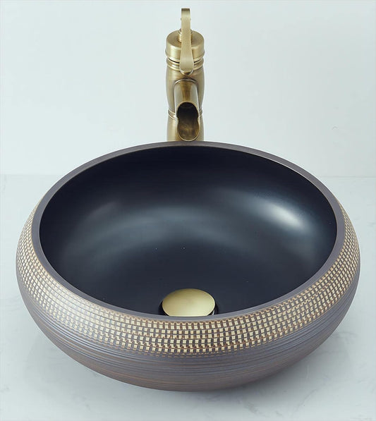 Vessel Sink Round 16 Inch Bathroom Sink, Counter Top Black+ Coffee Color Cloakroom Porcelain Ceramic Vessel Vanity Sinks Art Basin for Bathroom, Lavatory, Vanity Cabinet(16 x 6 Inch)