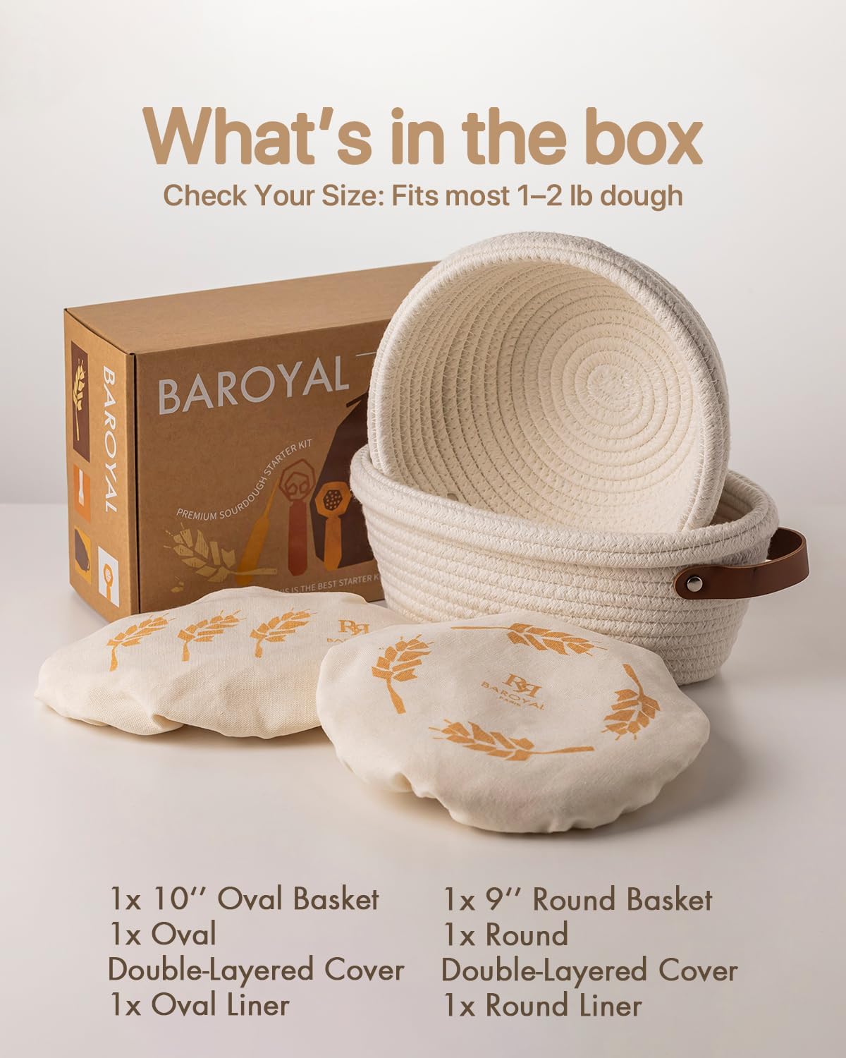 Crispier Crust Cotton Rope Banneton Bread Proofing Basket Set, Oval & Round Bread Baskets with Liners & Covers for Artisan Bread Baking, Sourdough Bread Baking Supplies(Off White)