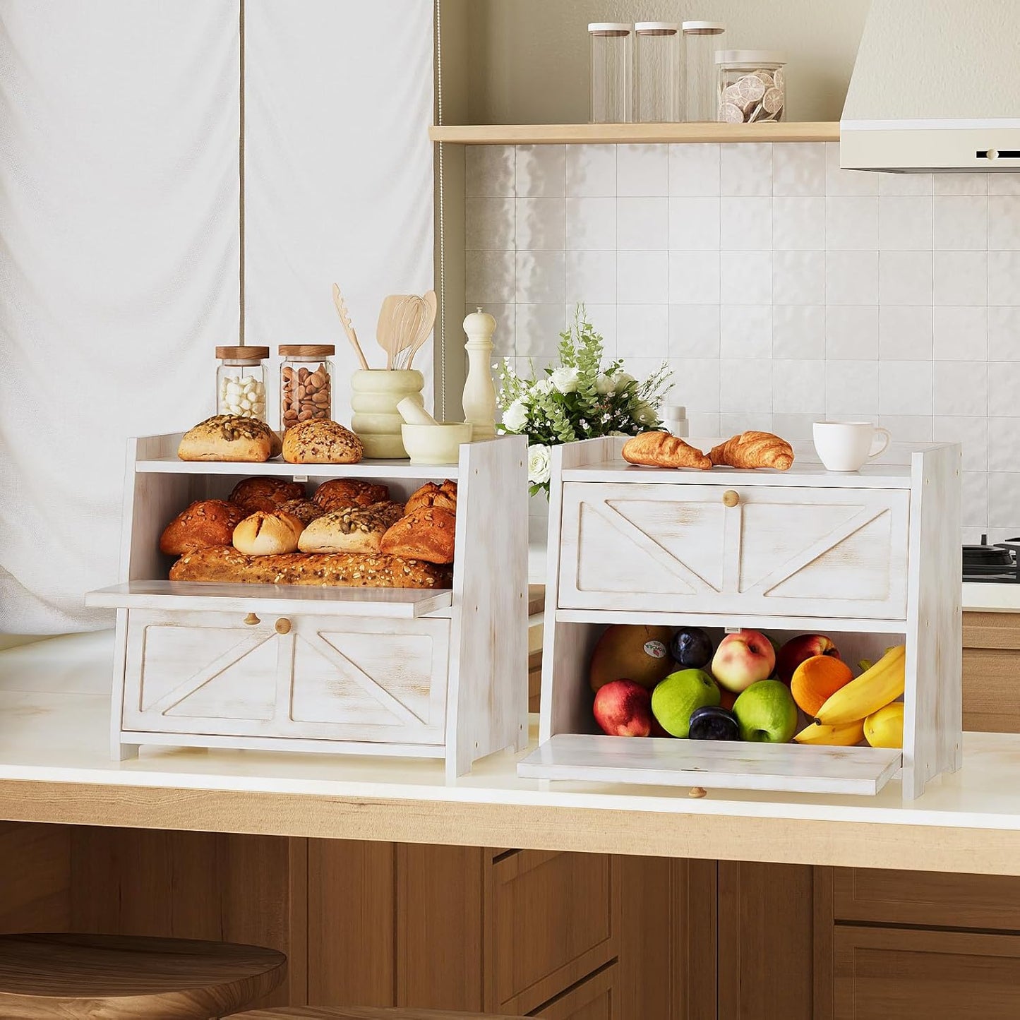 Vintage Double Layer Bread Box for Kitchen Counter Bamboo Bread Storage Container Large Capacity Bread Storage Bin (Antique White)