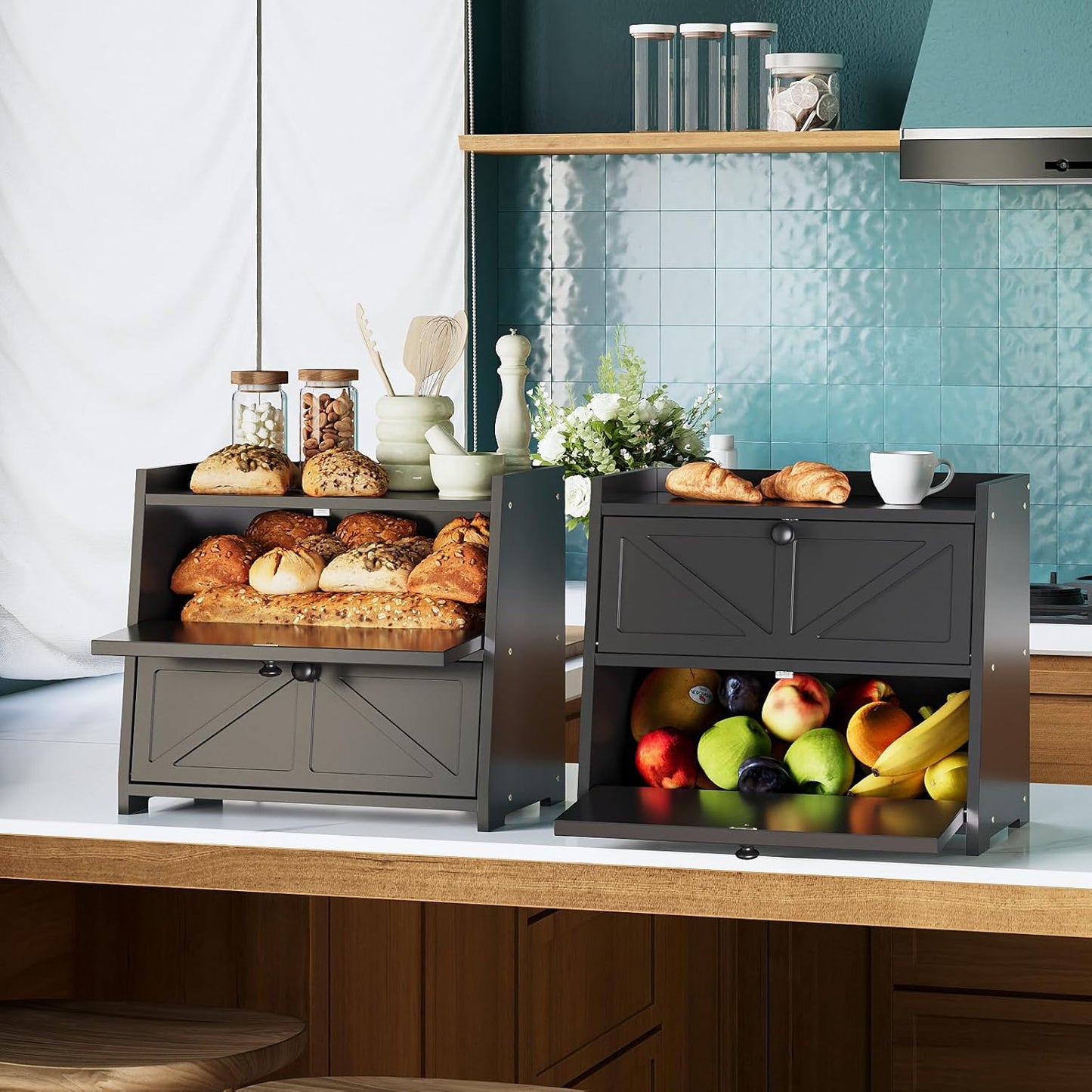 Vintage Double Layer Bread Box for Kitchen Counter Bamboo Bread Storage Container Large Capacity Bread Storage Bin (Black)