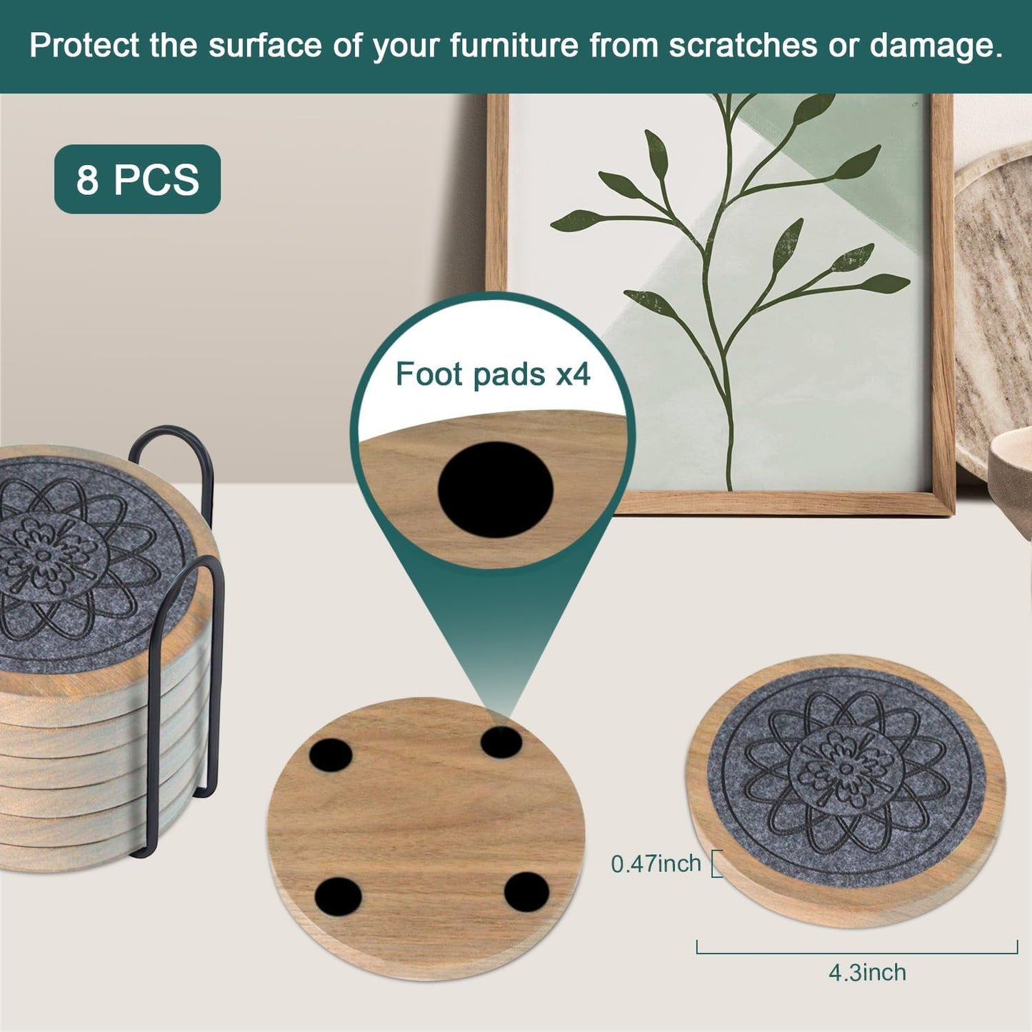 Wood Coasters for Drinks Set of 8, Minacun Absorbent Coaster, Drinks Coasters for Coffee Tabletop Protection, Non-Slip, Non-Stick, Suitable for Kinds of Cups Wooden Table Drink, 4.3 Inch Gray