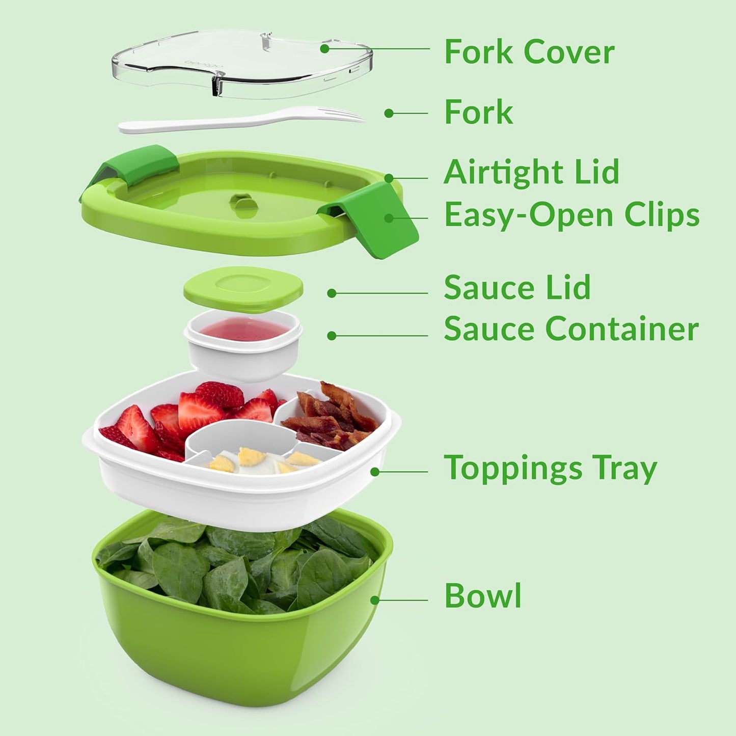 Bentgo Salad Container - 54 oz Bowl with 4-Compartment Toppings Tray, Leak-Proof Dressing Container, Reusable Fork, BPA-Free Lunch Box for Meal Prep & Food Storage; Removable Bento Tray (Green)