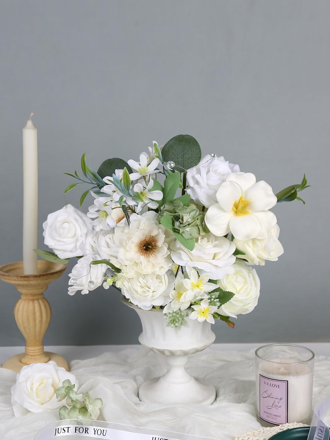 White Artificial Silk Flowers, Wedding Fake Flowers Bulk Box Set for DIY Bouquets, Cake Flowers Table Centerpieces Garland Wreaths Baby Shower Party