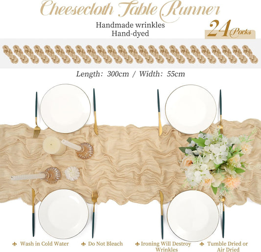 24 Packs Cheesecloth Table Runner Beige,10 Ft Rustic Gauze Boho Wedding Table Runner Decoration, Wedding Table Decor Table Cloth for Wedding Party Bridal Shower Table,21.5x120in