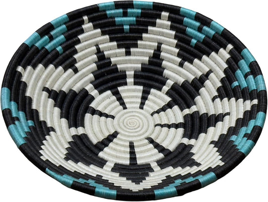 Handwoven African Basket Handmade sisal Fruit Bowl Wall Hanging decorative Baskets for Home Living Room Kitchen Centerpiece Zen Designs Arts and Crafts (Blue Black Natural, 12in diameter)
