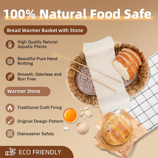 Bread Warmer Basket with Stone, Bread Baskets for Serving Tortilla,Bread Basket with Warming Stone, Ideal Bakers' Gift for Kitchen Lovers, Men & Women, New Homes, 1 Year Full Warranty