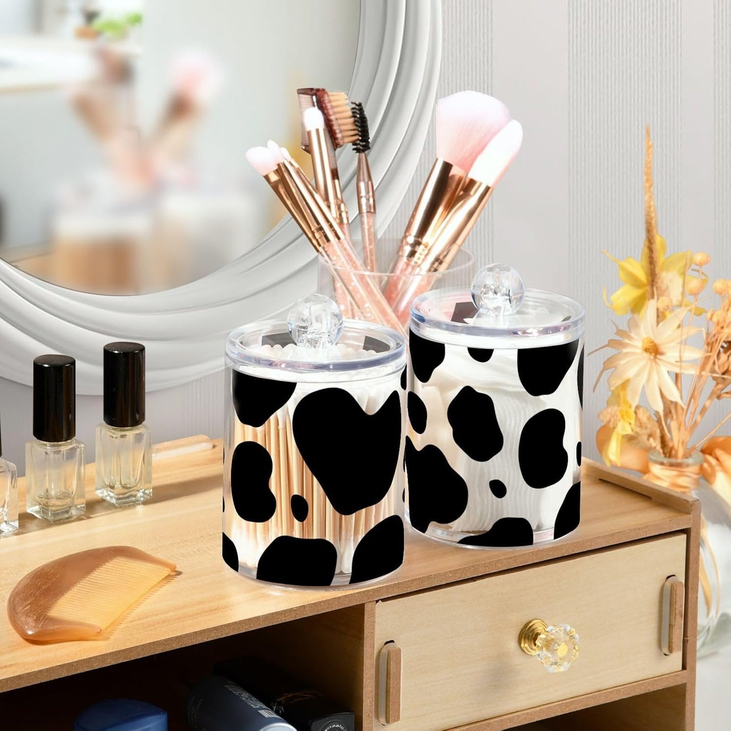 xigua Cow Print Qtip Holder with Lid,4Pack Clear Plastic Apothecary Jars Bathroom Storage Containers for Cotton Swab,Cotton Ball,Floss Picks,Tea,Coffee