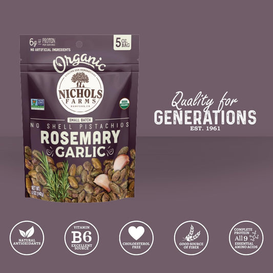 Nichols Farms Roasted with Sea Salt No Shell Pistachios, Kosher, USDA Certified Organic, Non-GMO, 6 Oz (Pack of 3)