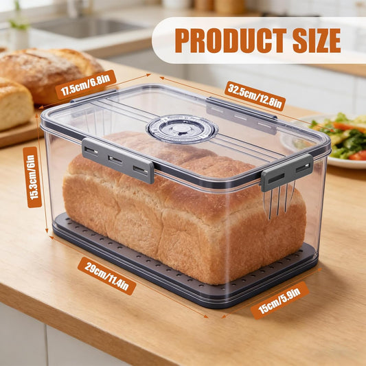 Airtight Bread Box with Date Indicator Lid, Kitchen Counter Bread Storage Container, Portable Bread Boxes for Homemade Bread, Toast, Bagel, Donut, Cookies and Fruit (Grey)